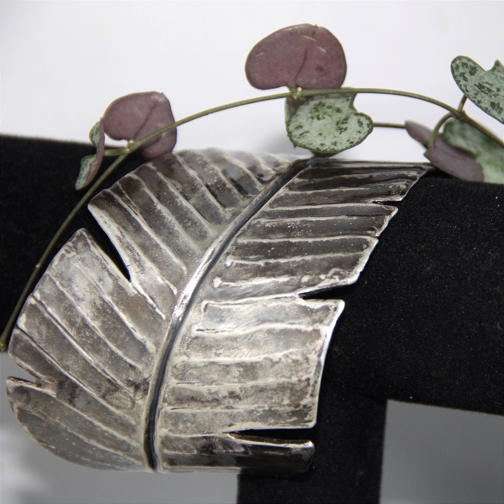 VTG HEAVY butalist Keiser Sterling  Native American Leaf Cuff Bracelet 78g 7in
